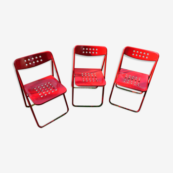 Set de 3 chaises métal rouge pliantes vintage fin 70s