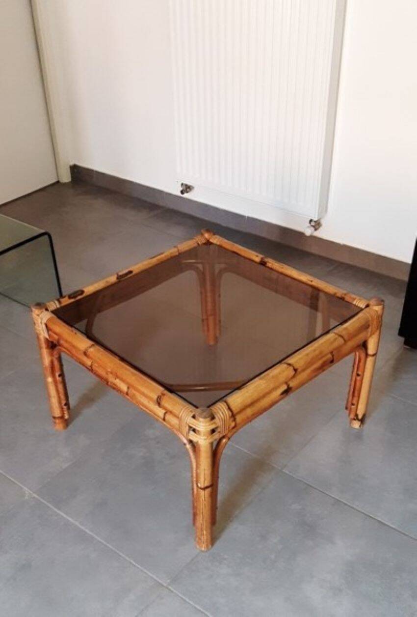 Vintage coffee table, rattan, bamboo and glass in the style of Vivai del Sud.