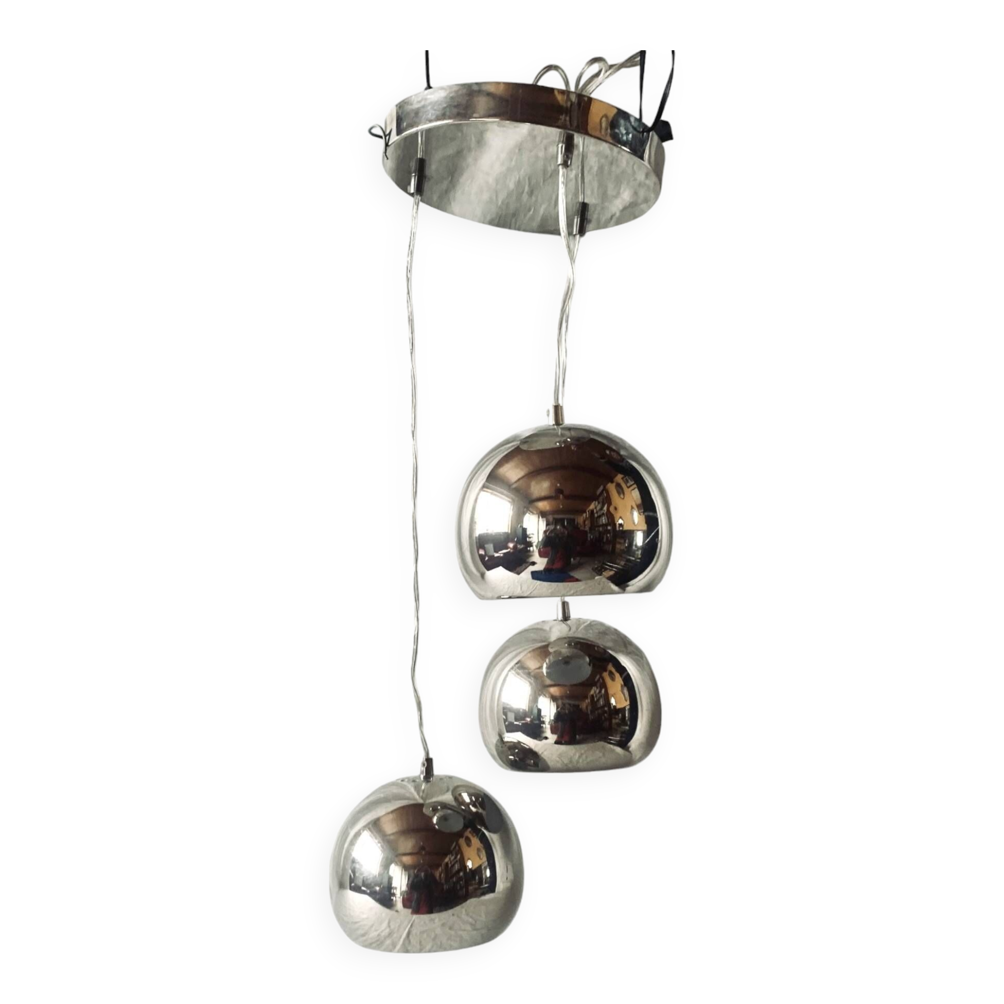 Space Age waterfall pendant light with 3 globes in chrome metal