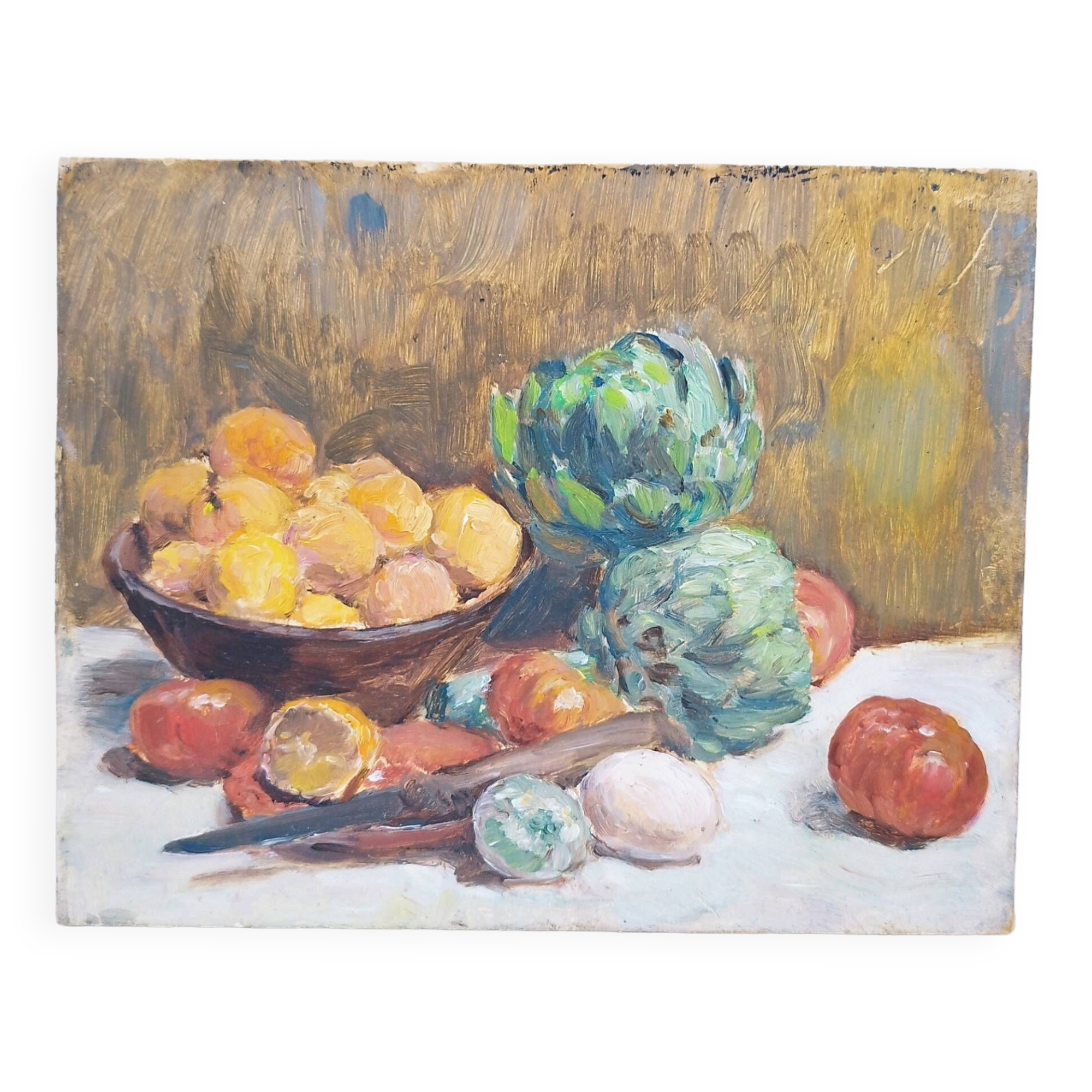 Tableau à la gouache nature morte aux artichauts