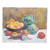 Still life painting with gouache artichokes