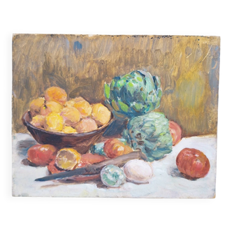 Still life painting with gouache artichokes