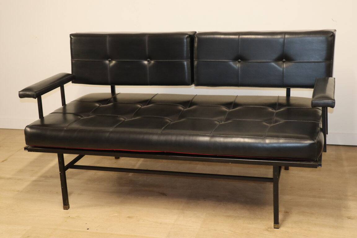Vintage "Daybed" sofa bench in metal and imitation leather, 1950