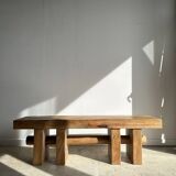 Solid wood bench with openwork base crossed by a cylinder - Mango wood