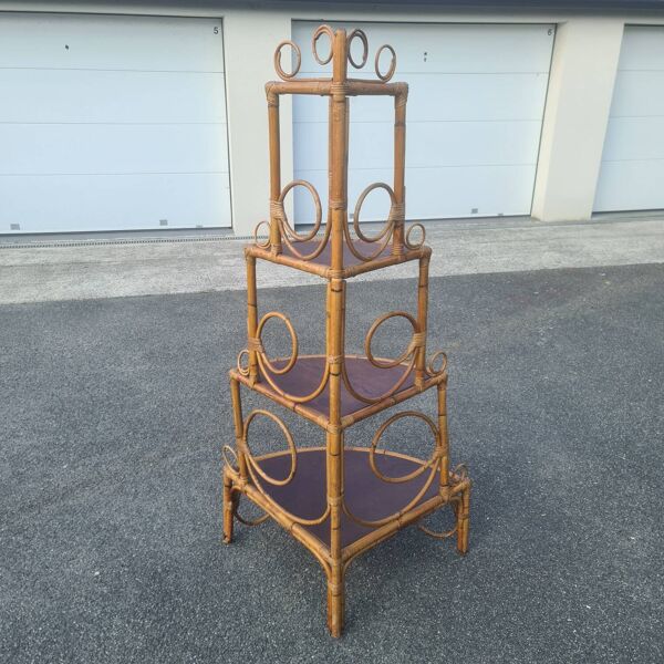 Bibliothèque étagère angle rotin bambou vintage 1960 (peacock / Emmanuelle)