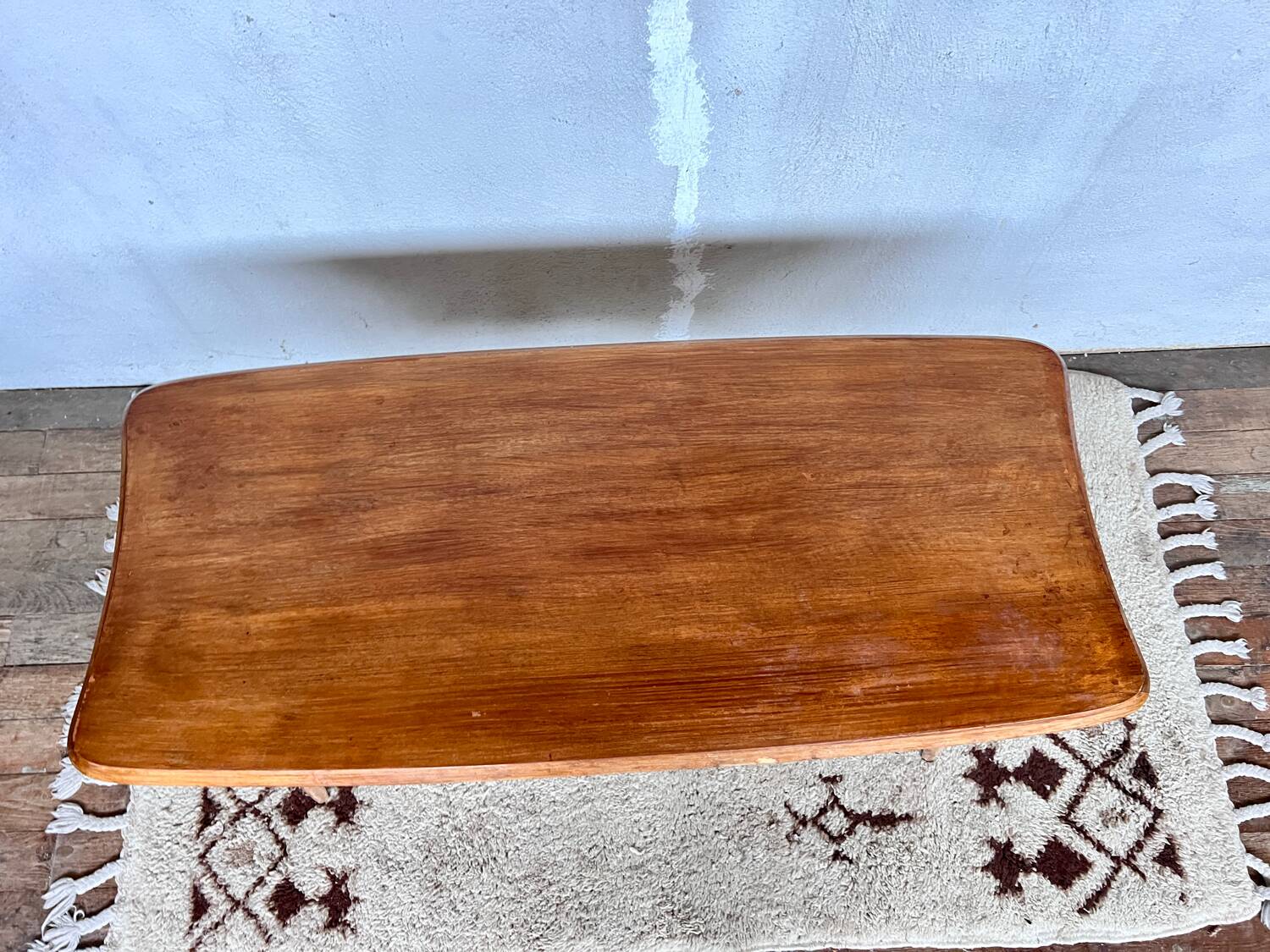 Oak coffee table, foot, compass. rockets. free form vintage old