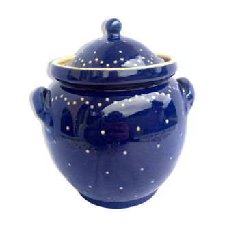 Blue ceramic pot with white polka dots