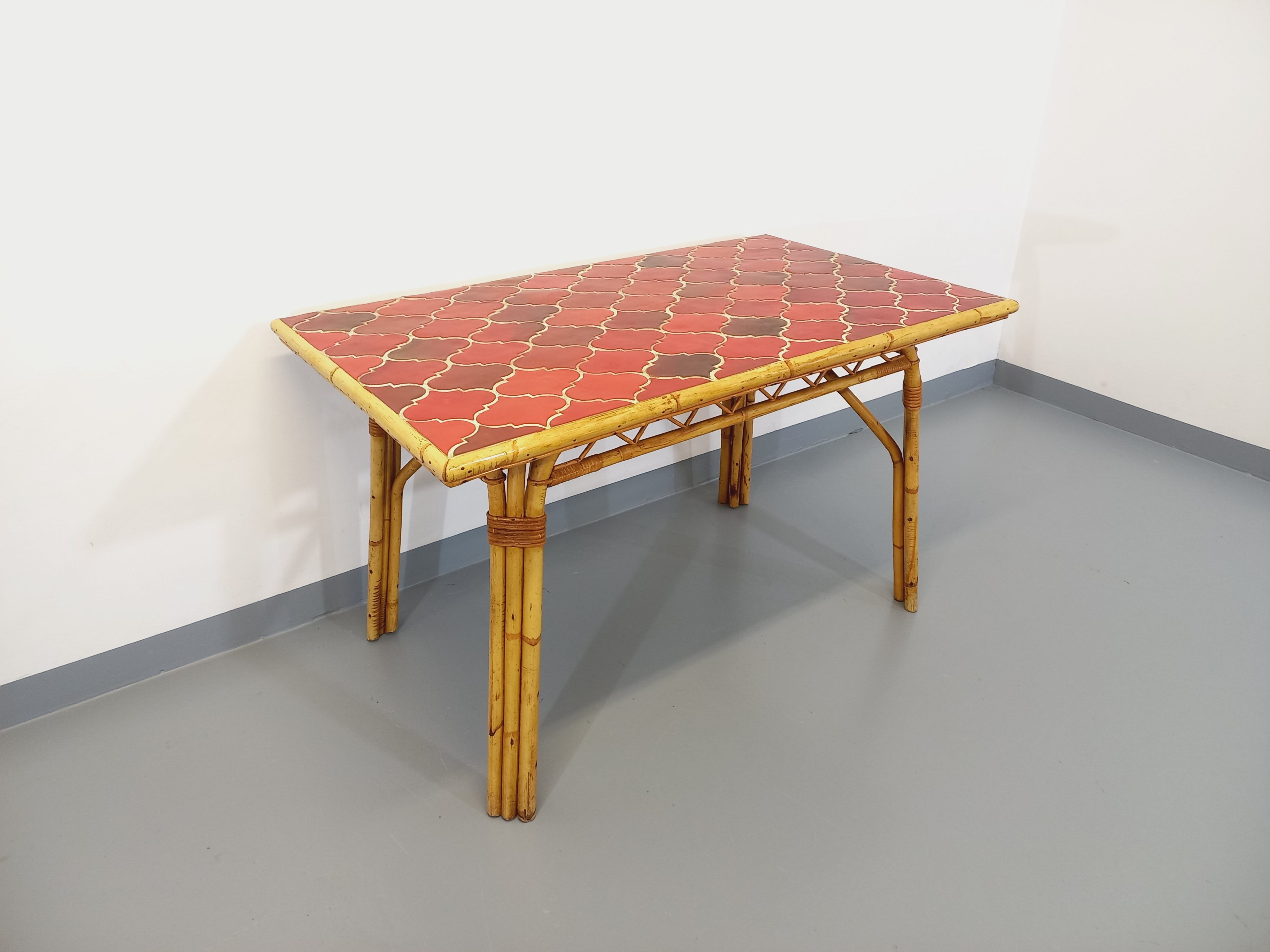 Vintage dining table in rattan and ceramic from Vallauris from the 50s and 60s