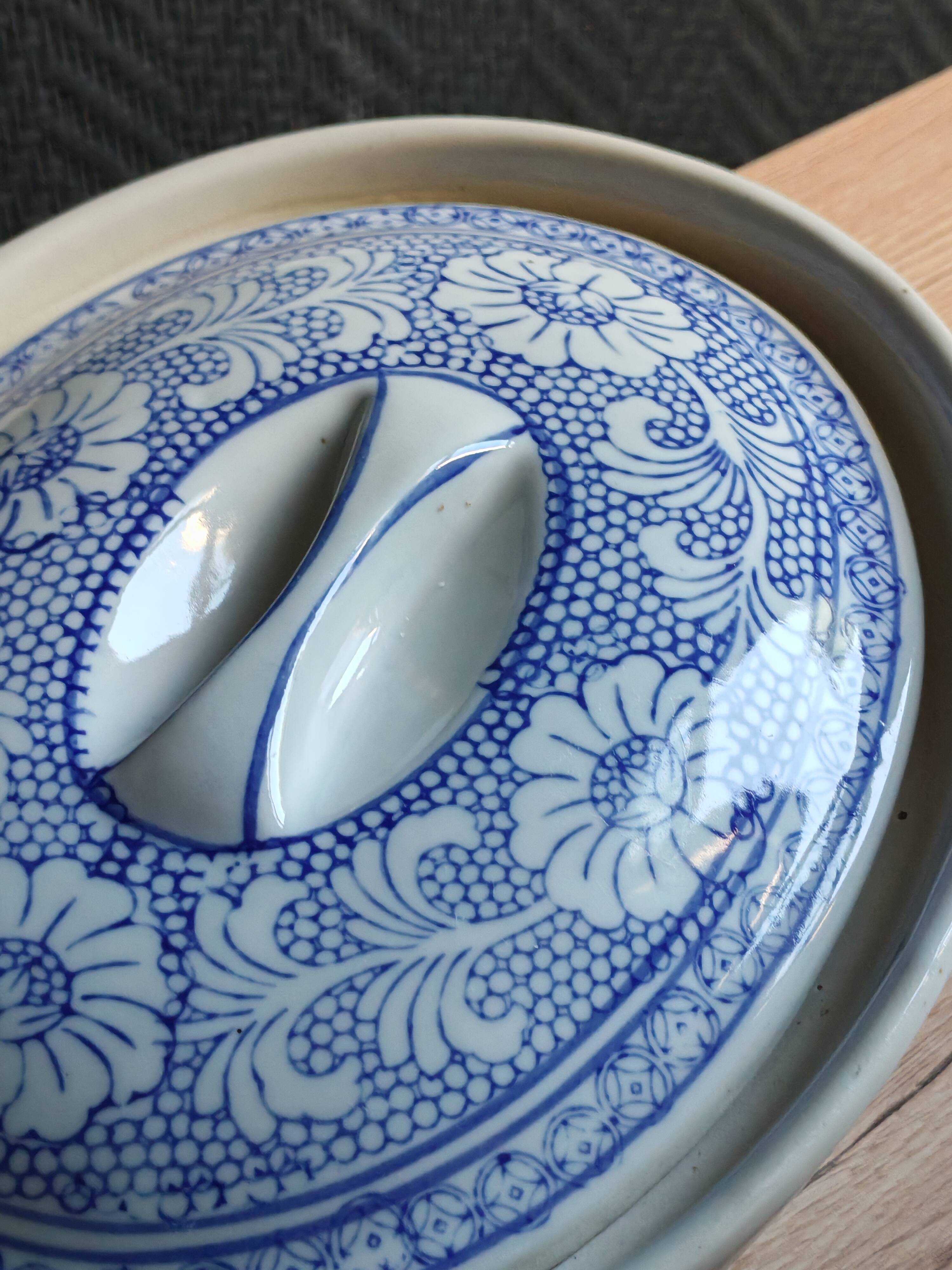 Oval Vintage Terrine in Blue and White Porcelain, Casserole with Lid