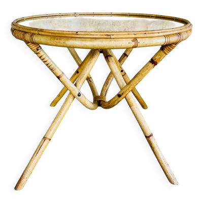 Table basse ronde en bambou et rotin, plateau verre circa 1960s