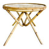 Round bamboo and rattan coffee table with glass top, circa 1960s