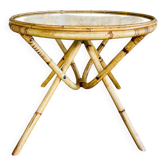 Round bamboo and rattan coffee table with glass top, circa 1960s