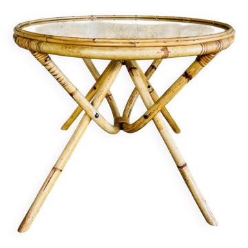 Round bamboo and rattan coffee table with glass top, circa 1960s