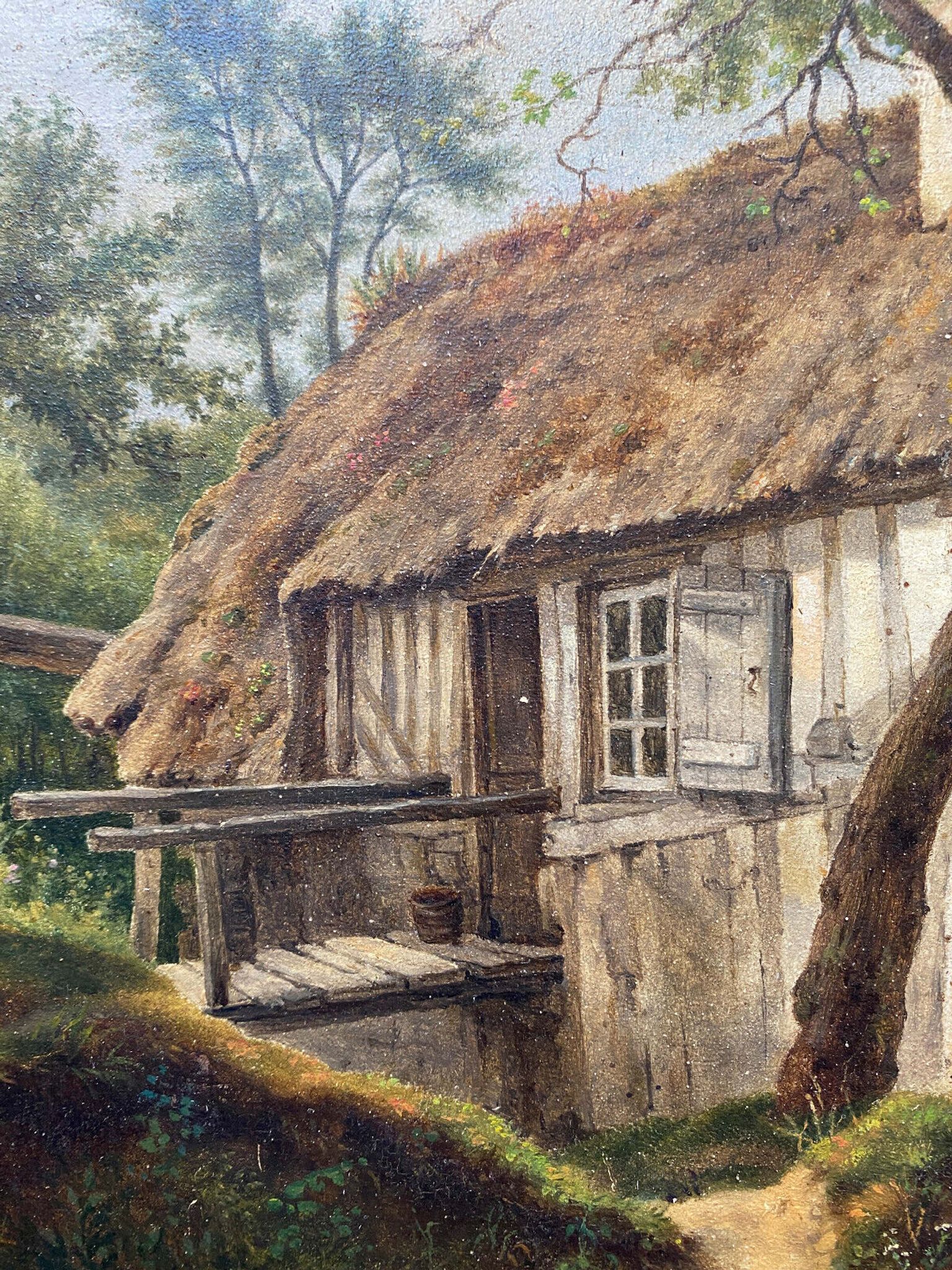 Table XIX° century, farm with thatched roof in the woods", signed Delattre