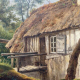 Table XIX° century, farm with thatched roof in the woods", signed Delattre