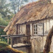 Table XIX° century, farm with thatched roof in the woods", signed Delattre