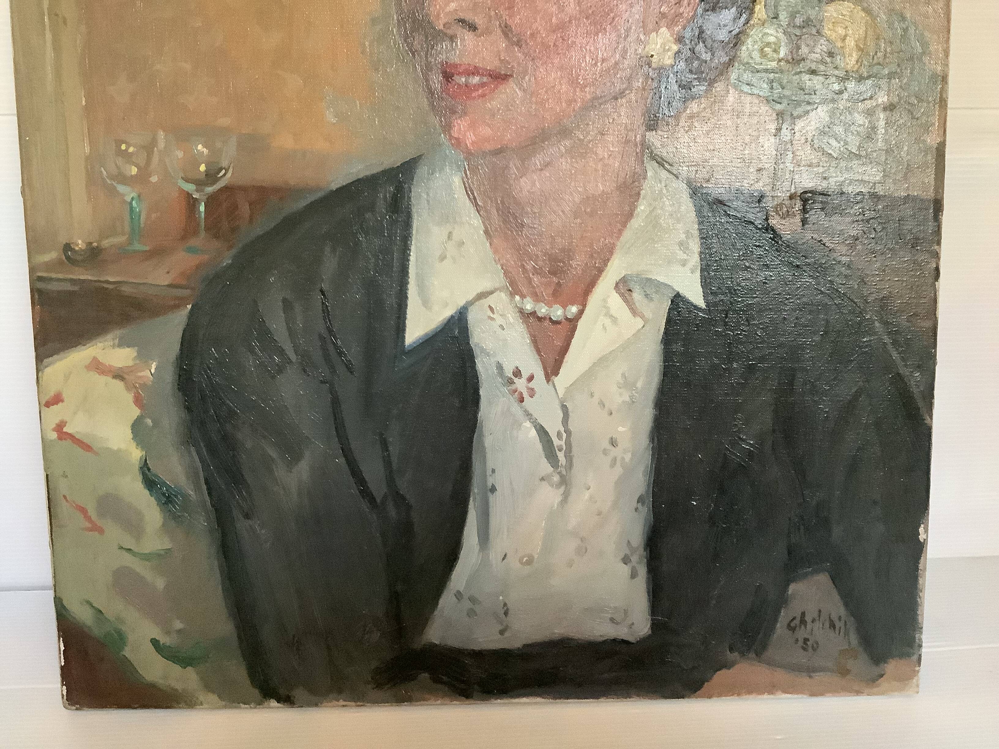 Large portrait painting of a woman, oil on canvas, signed.