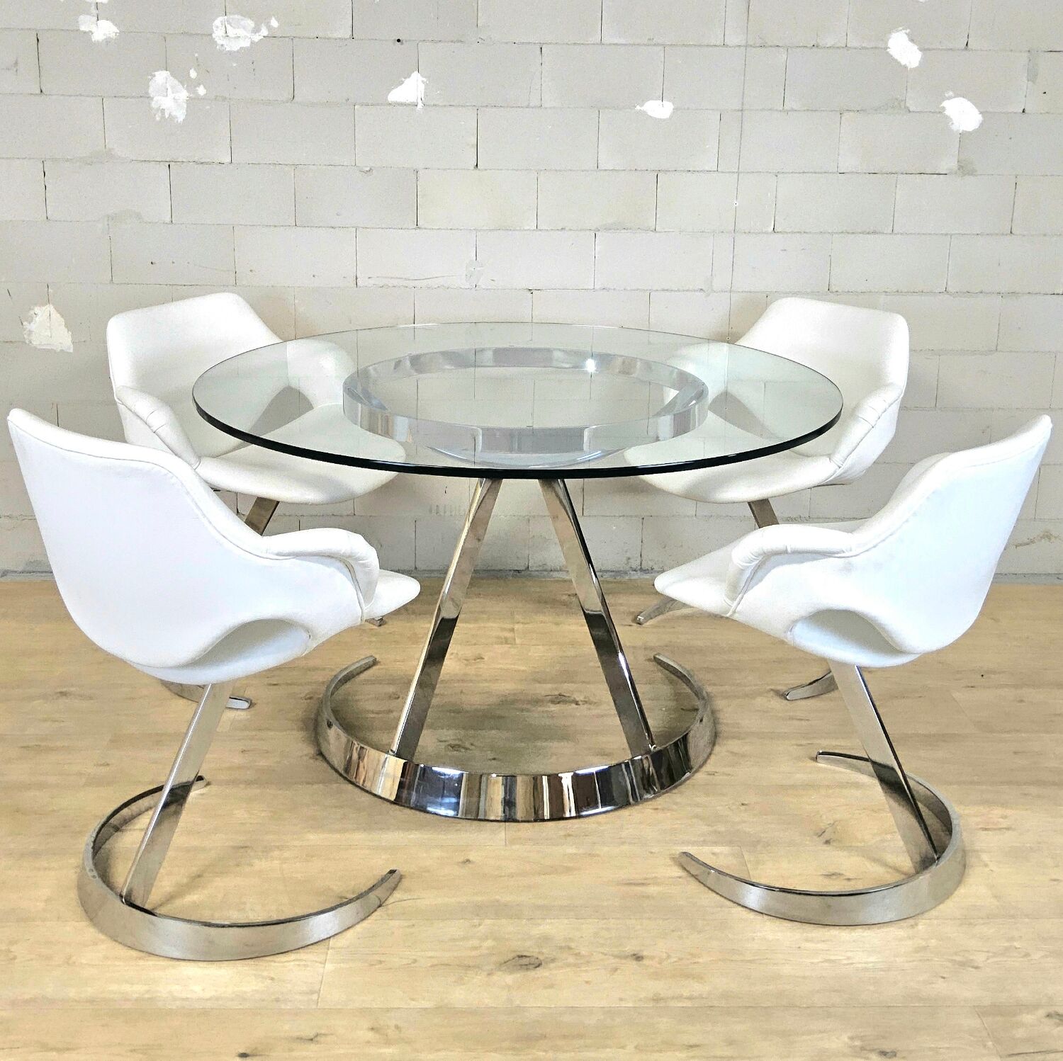 Vintage Chrome French design dining room set Boris Tabacoff 1970s