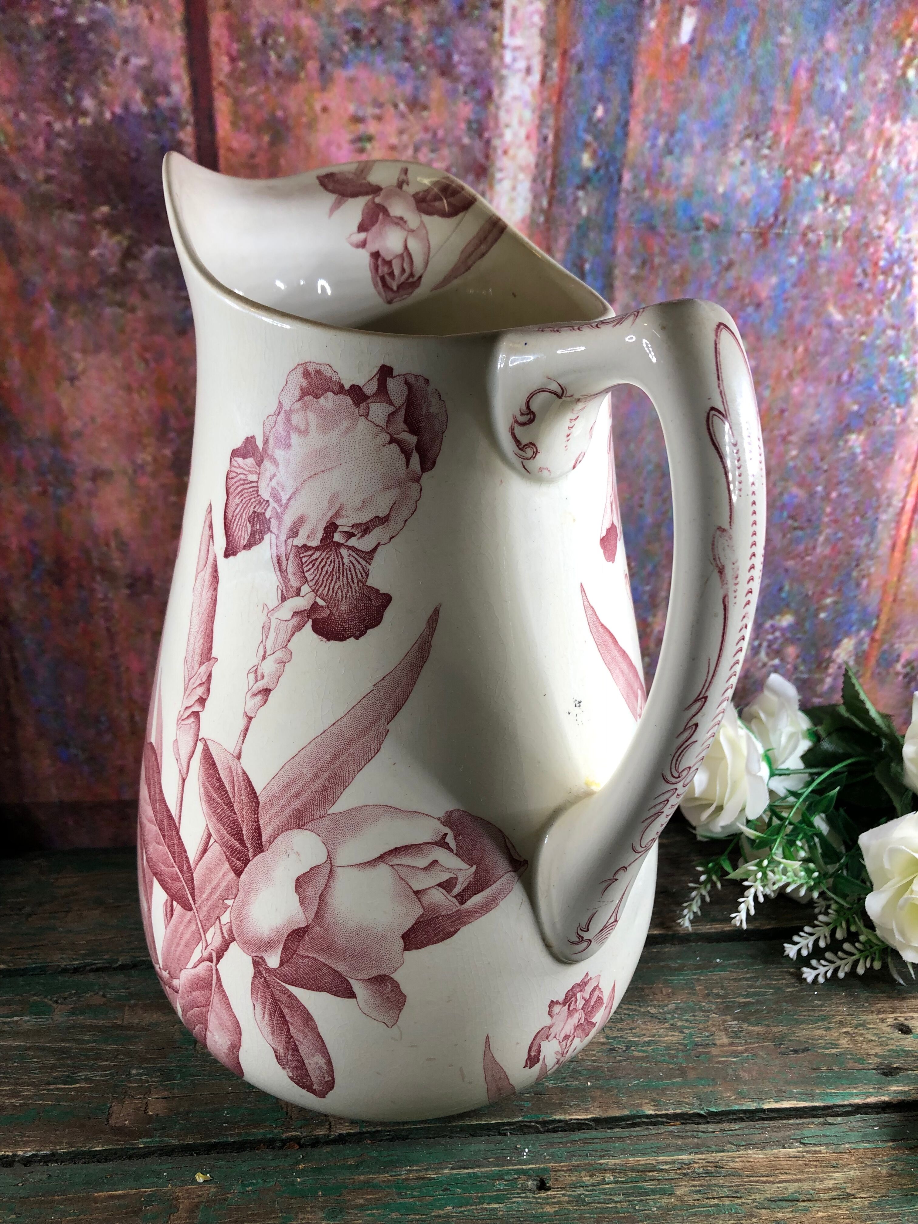 Pitcher jug or white broc decorated with pink flowers magnolia shabby chic