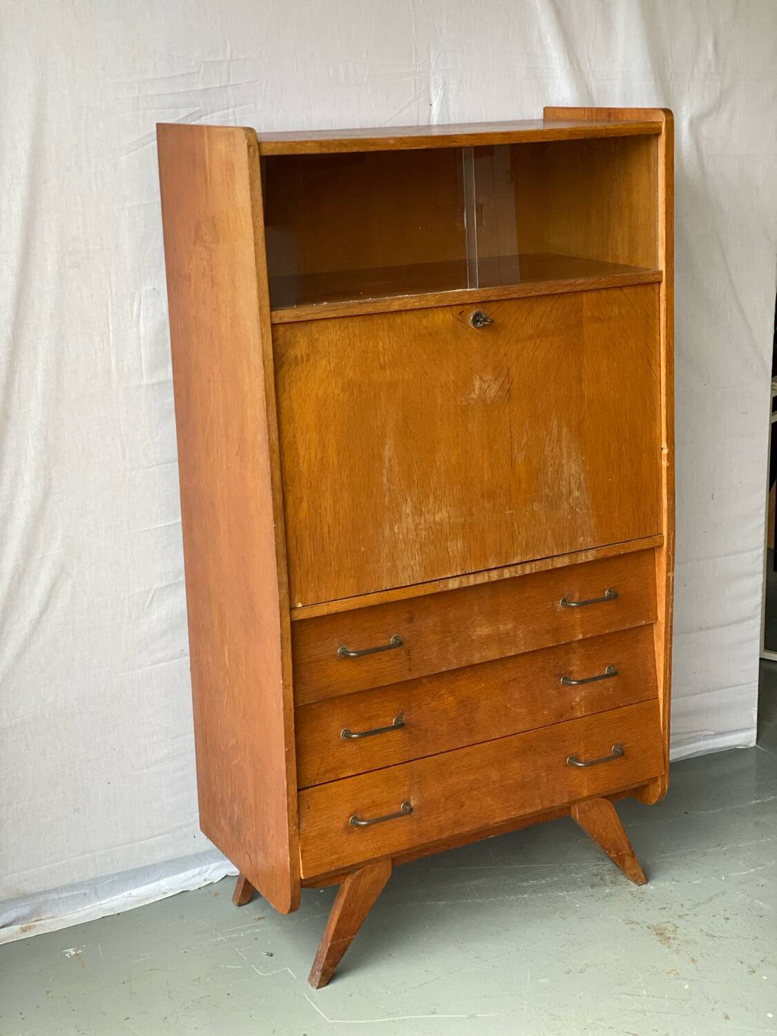 Vintage Scandinavian wooden secretary with display cabinet, desk and drawers