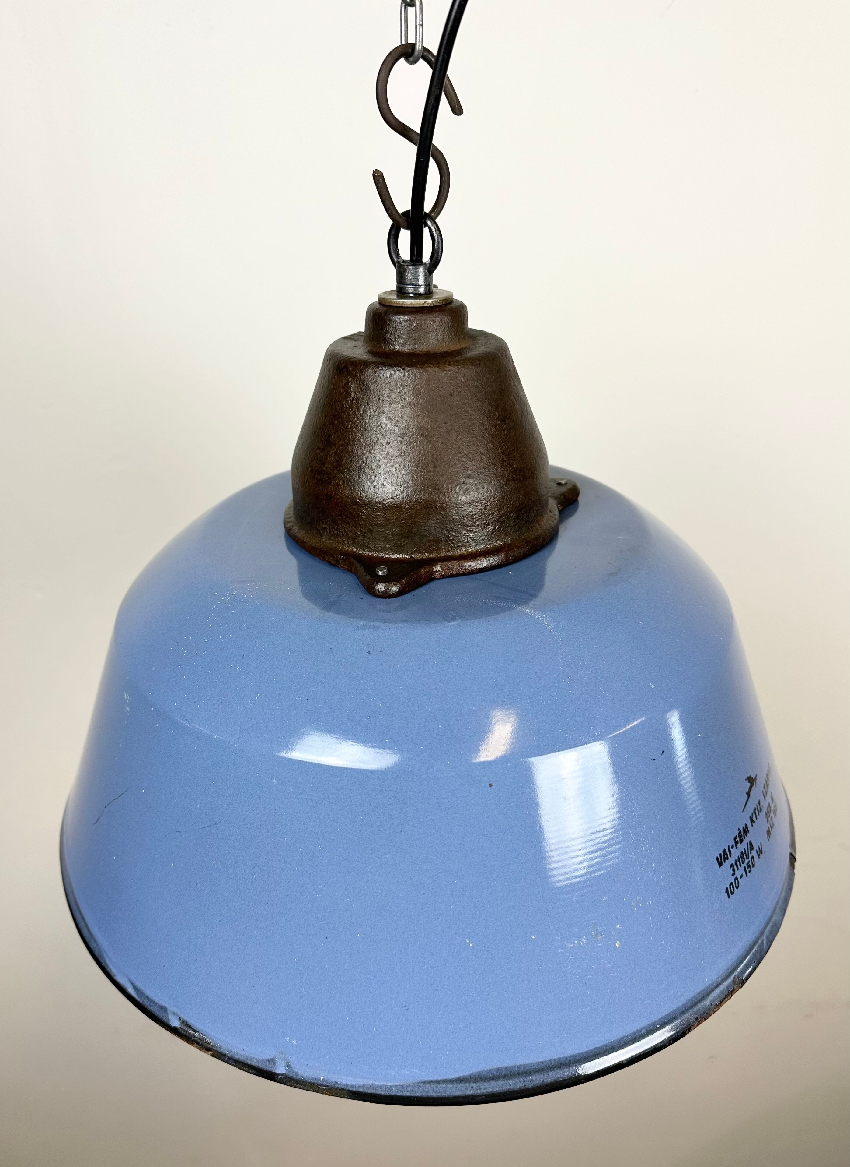 Industrial Blue Enamel and Cast Iron Pendant Light with Glass Cover, 1960s