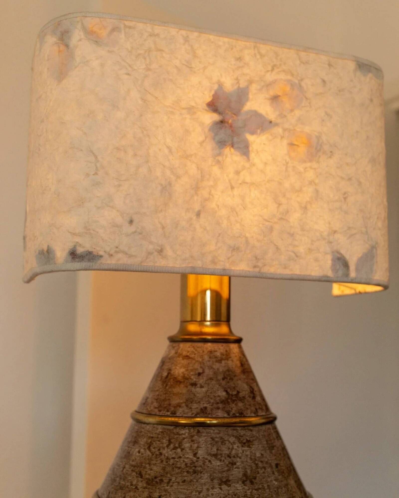 Brown ceramic mid-century table lamp with cream handmade paper floral shade and brass accents