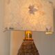 Brown ceramic mid-century table lamp with cream handmade paper floral shade and brass accents