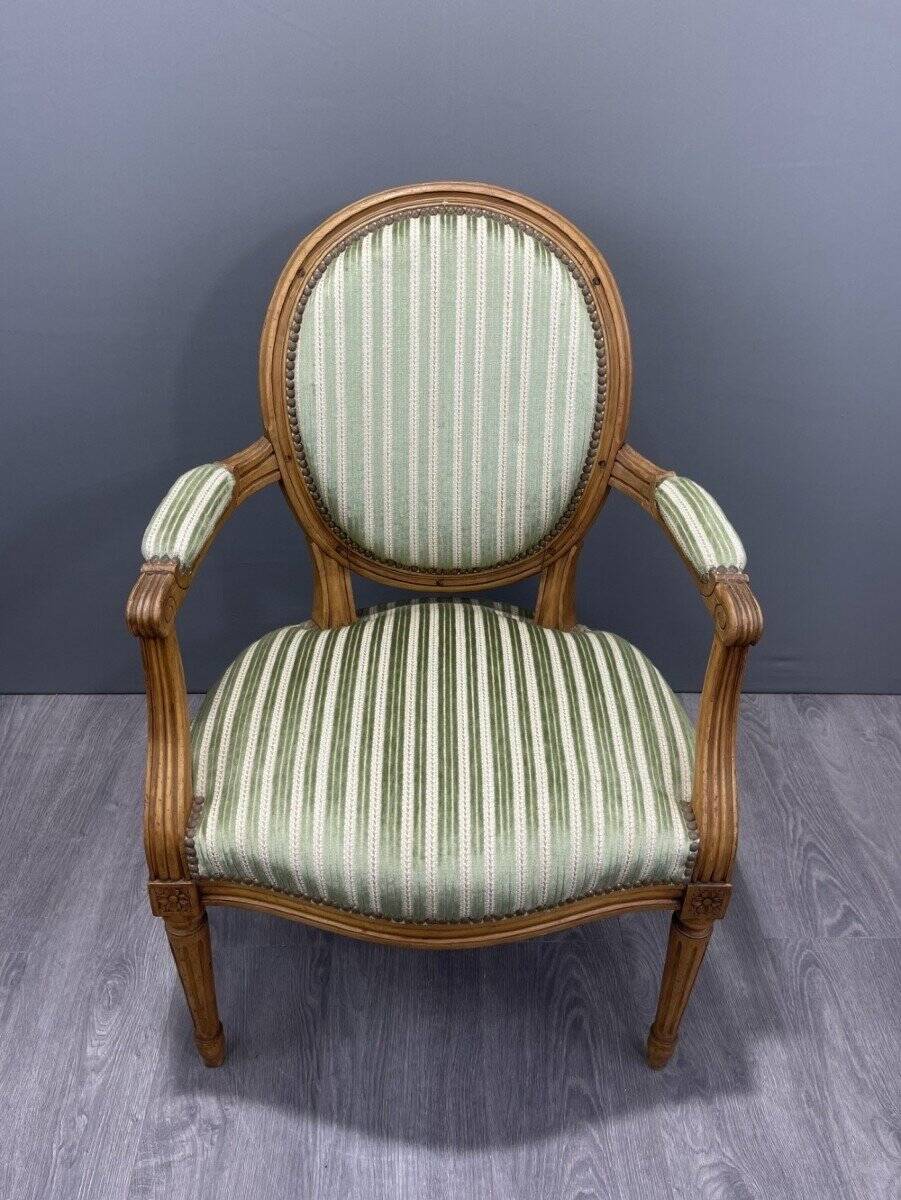 Pair of Louis XVI Style Armchairs with Green Striped Fabric 20th Century