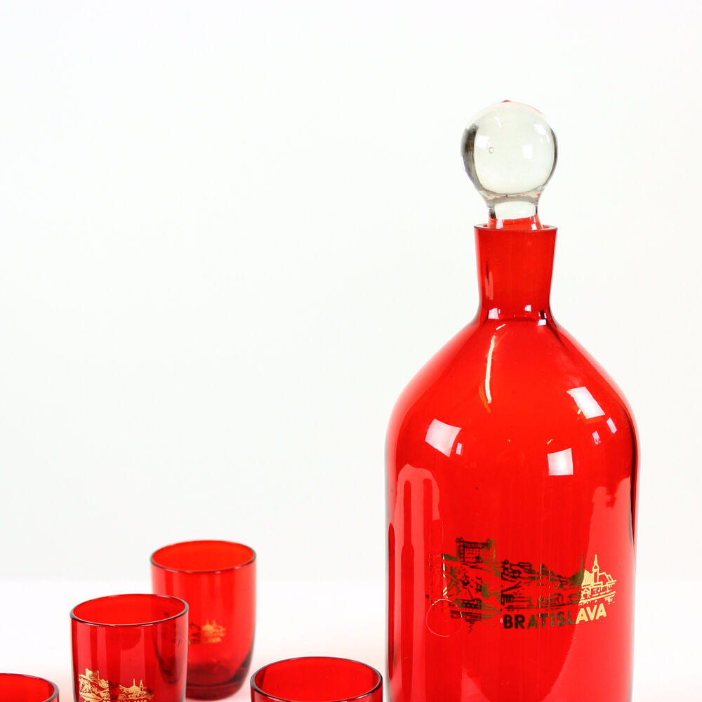 Midcentury alcohol bottle & shots set in red glass, Czechoslovakia circa 1960s