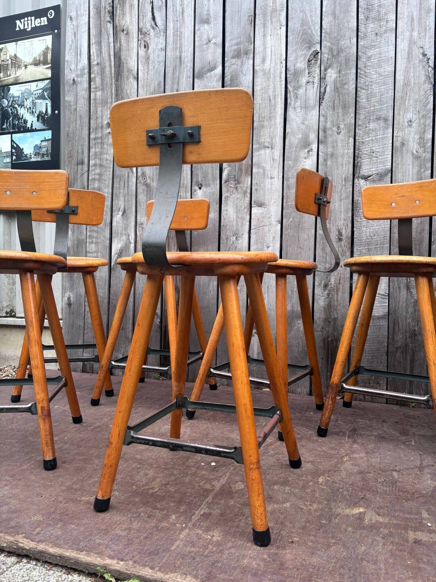 Vintage industrial workshop stool in wood, 1950s
