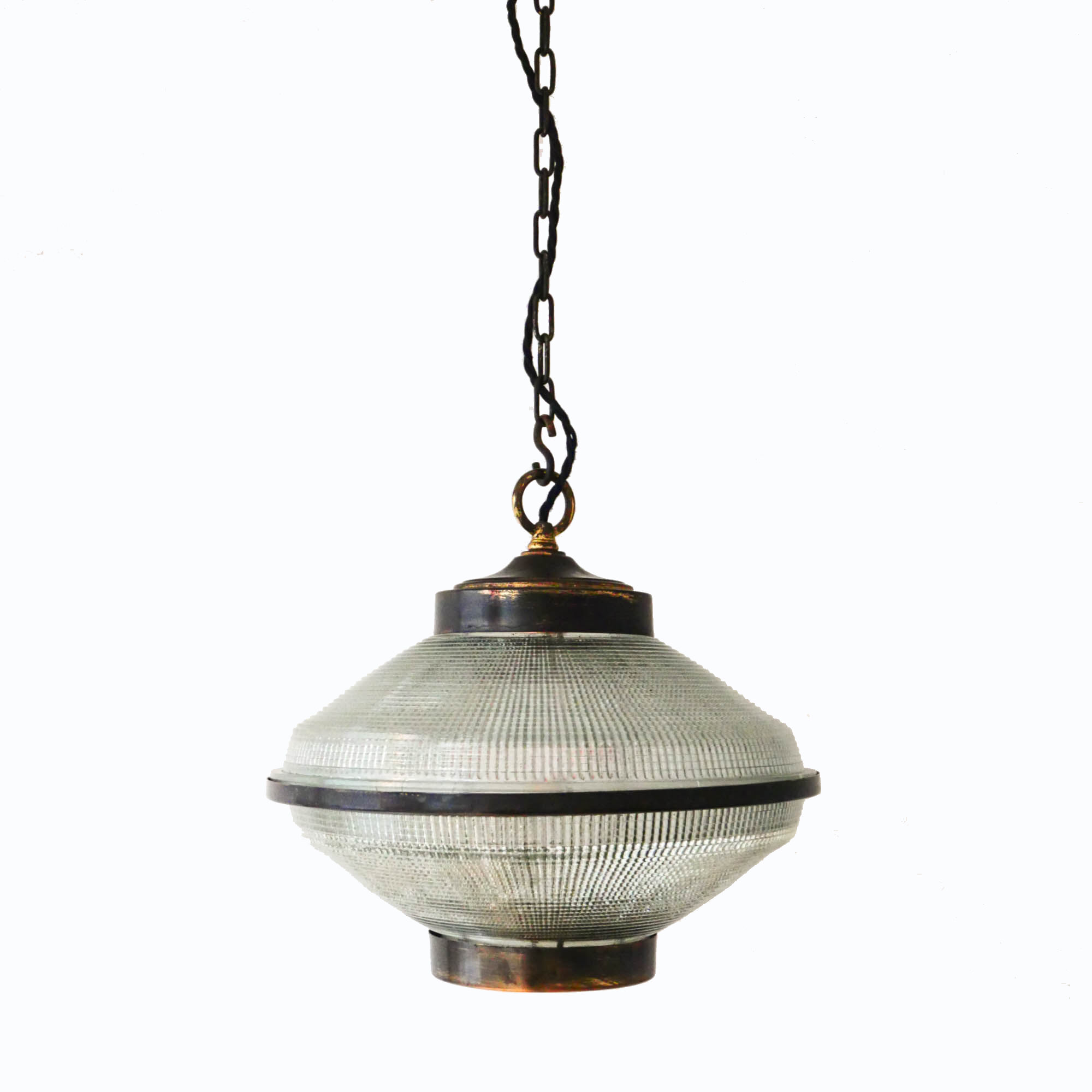 “Ellipse” pendant light in glass and patinated brass.