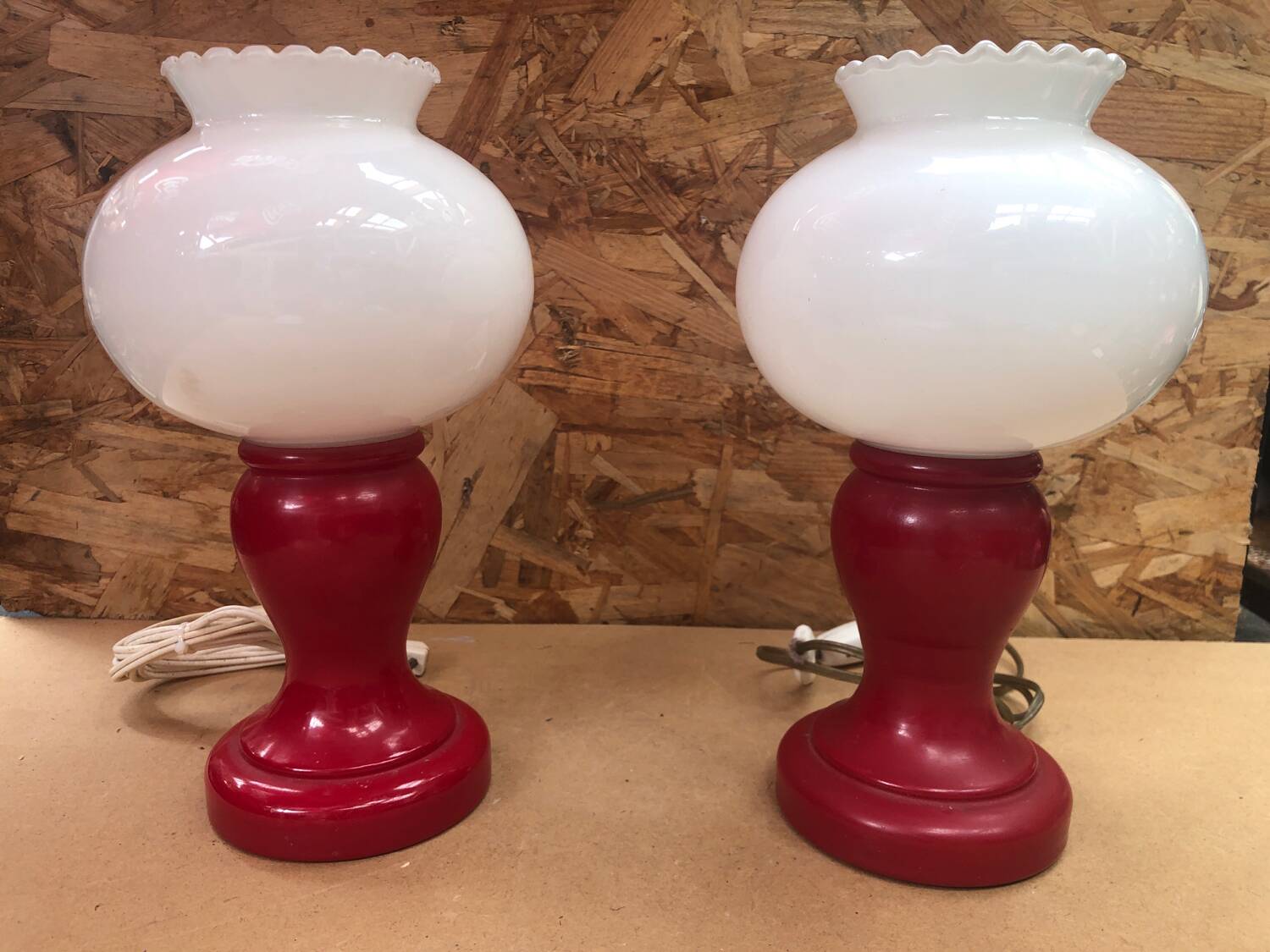 Pair of Old Red & White Opaline Bedside Lamps 1970s Vintage #A982
