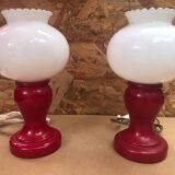 Paire Ancienne Lampe De Chevet Opaline Rouge & Blanc Années 70 Vintage #A982