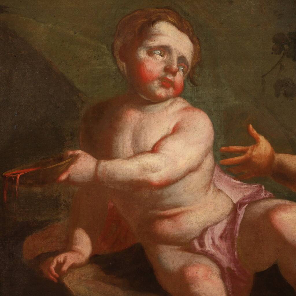Antique Italian painting from the 17th century, bacchanal of cherubs