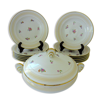 Soup bowl and its twelve porcelain soup plates with floral decoration