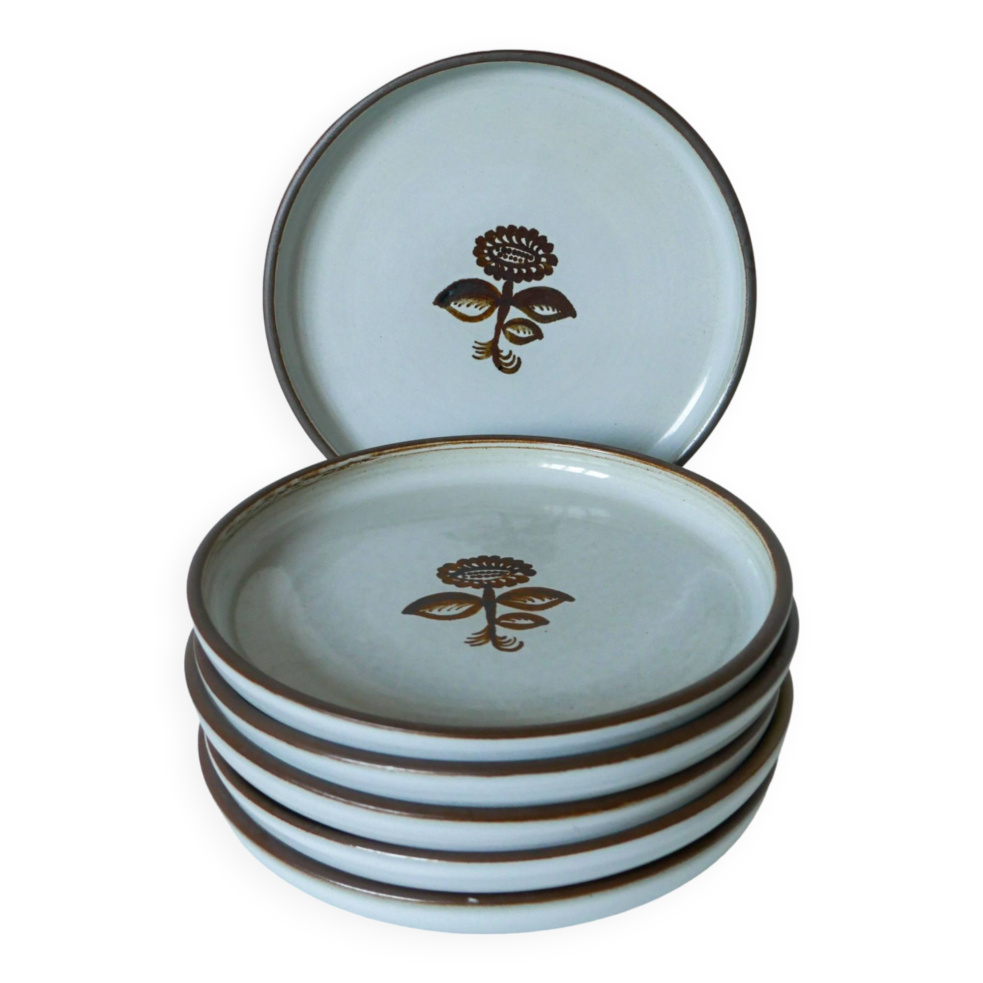 set of 6 flat plates in enamelled stoneware flowers 1970
