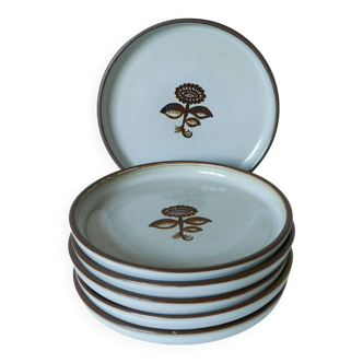 set of 6 flat plates in enamelled stoneware flowers 1970