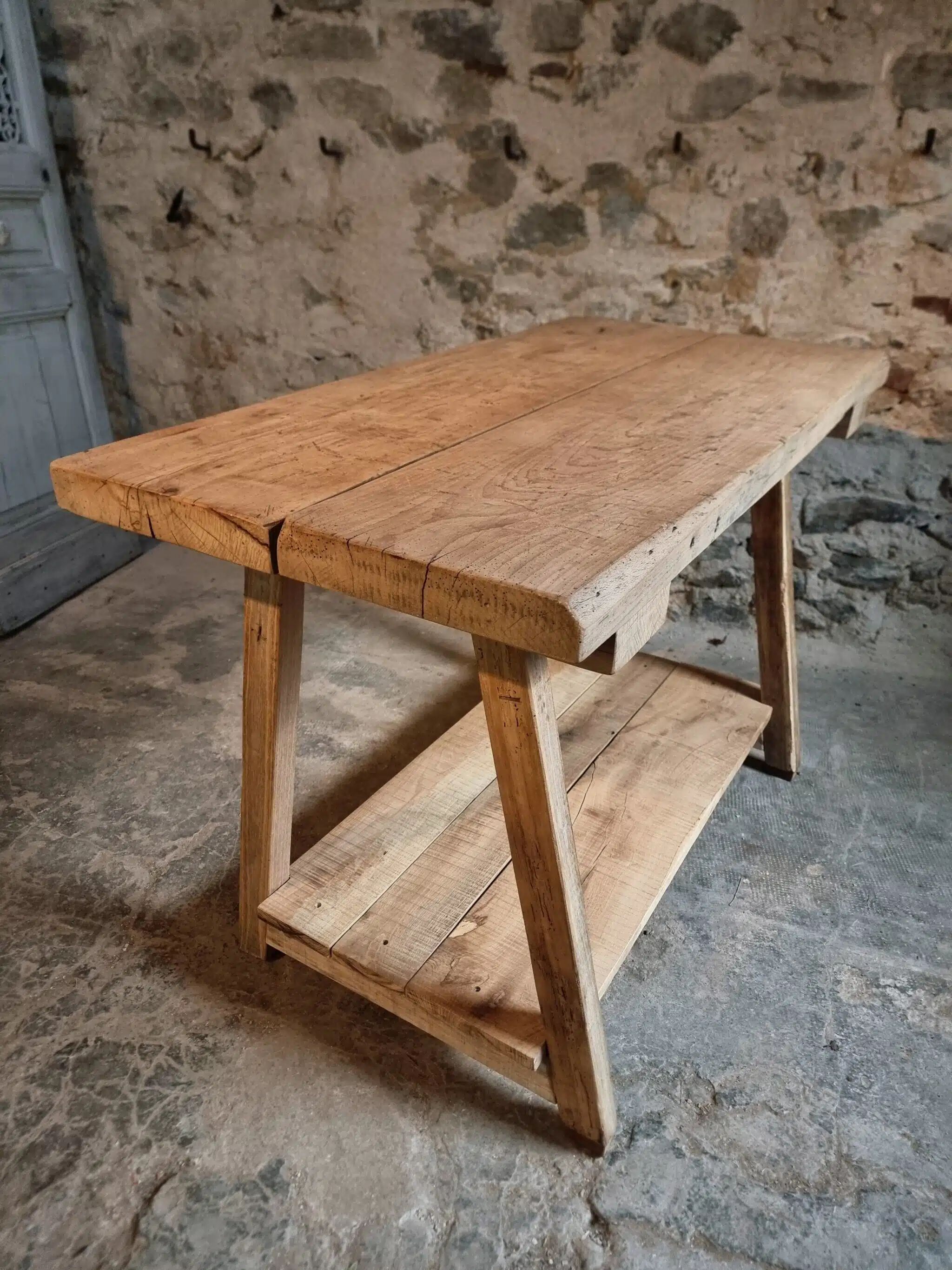 Old French work table / kitchen island / console, beech and chestnut, circa 1930–1950