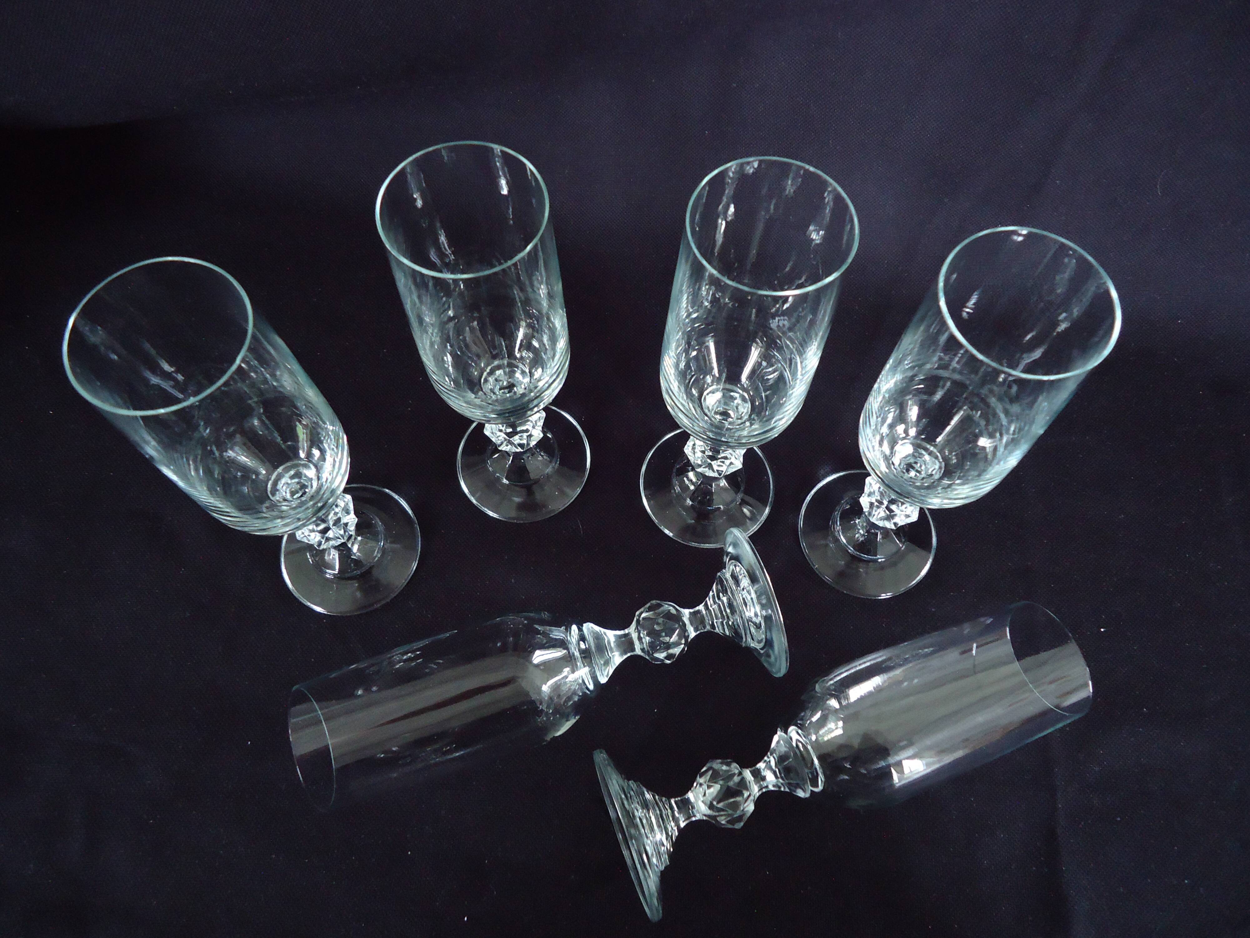Bohemian crystal champagne flutes, foot with faceted ball