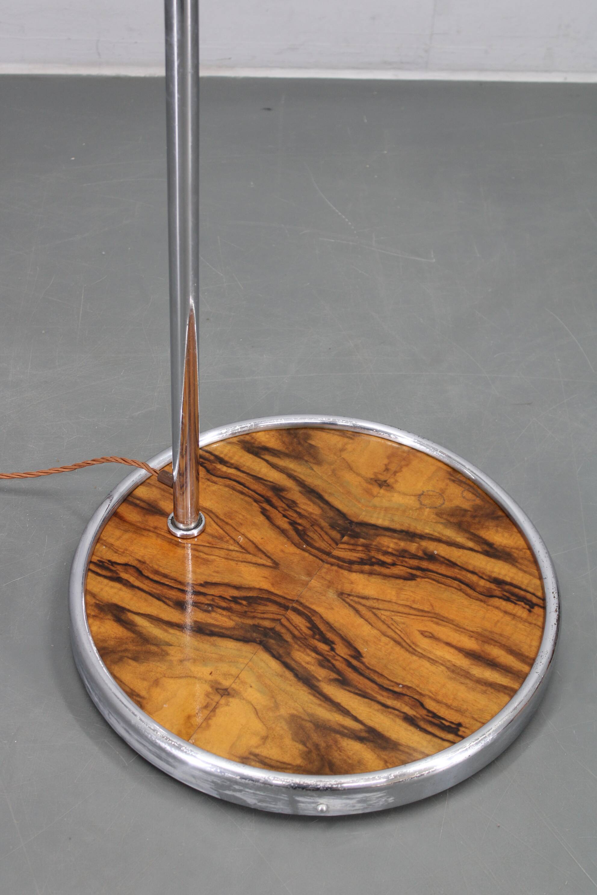 Art Deco chrome floor lamp, milk glass, walnut base, 1930s Czechoslovakia