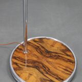 Art Deco chrome floor lamp, milk glass, walnut base, 1930s Czechoslovakia