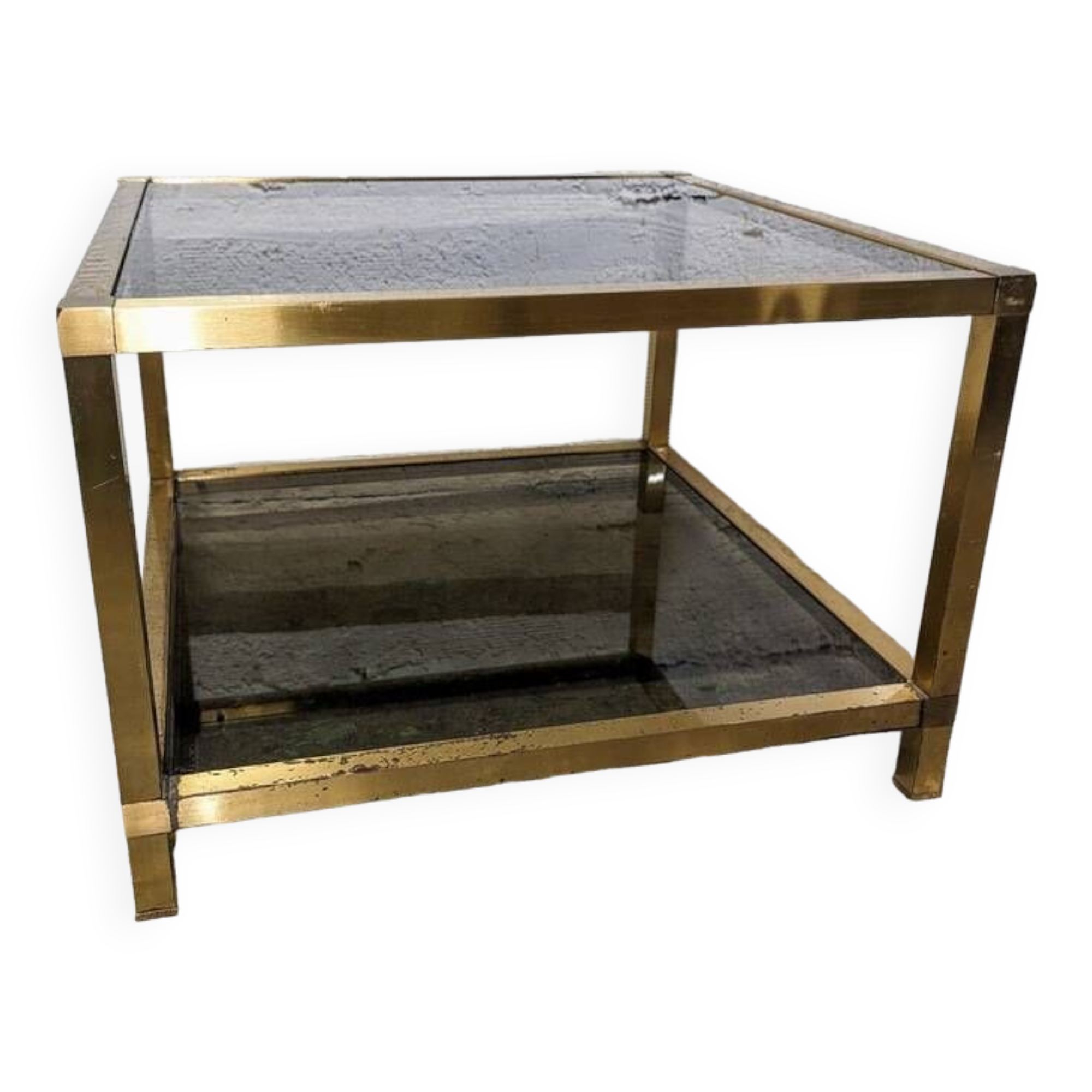 Table basse en métal doré et verre fumé