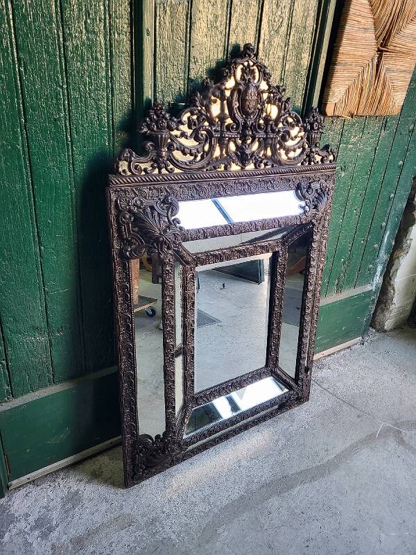 Louis xvi style repousse brass mirror with glass beads
