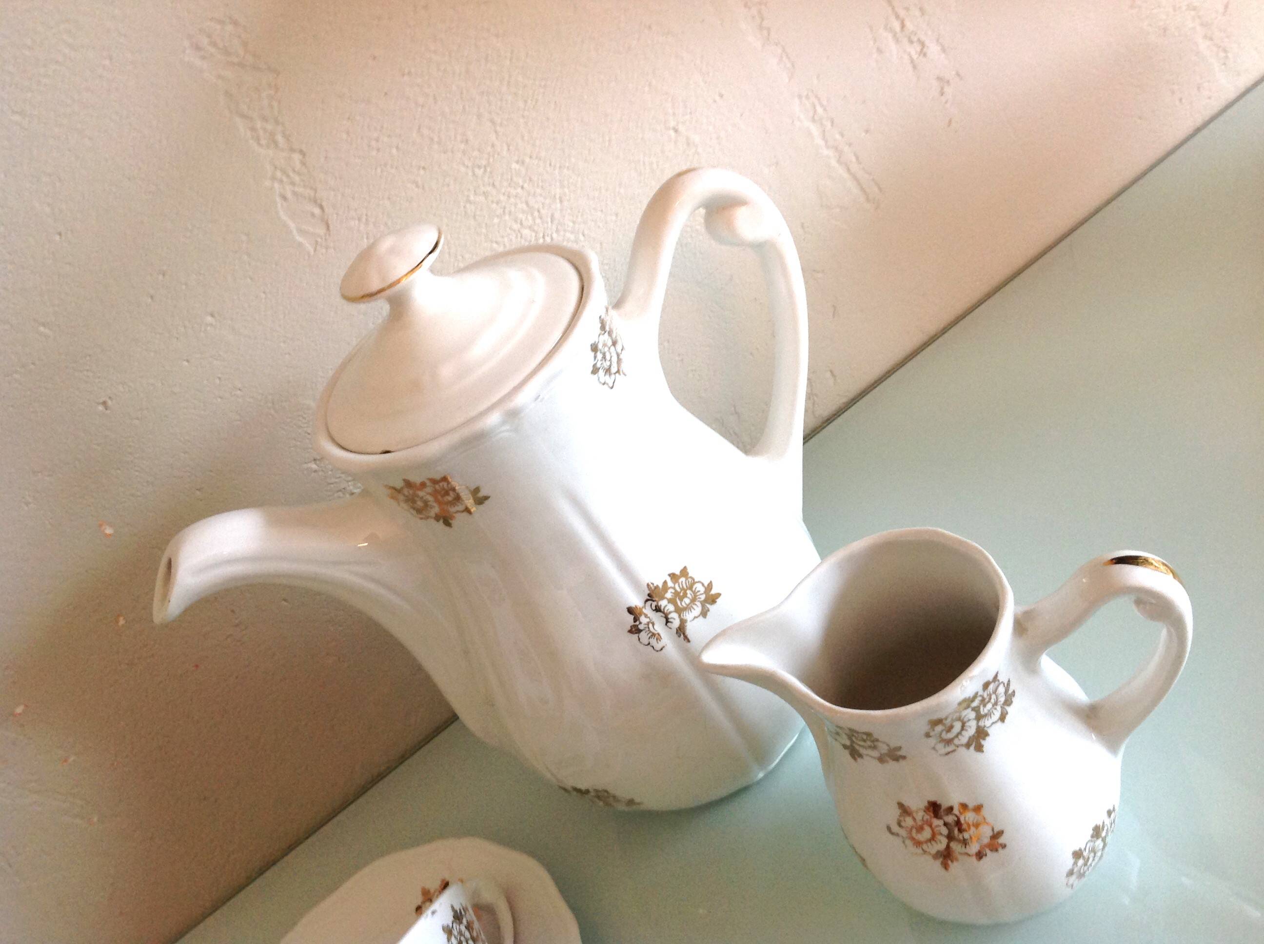White porcelain coffee service with golden flowers / vintage 50s-60s
