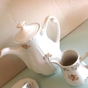 White porcelain coffee service with golden flowers / vintage 50s-60s