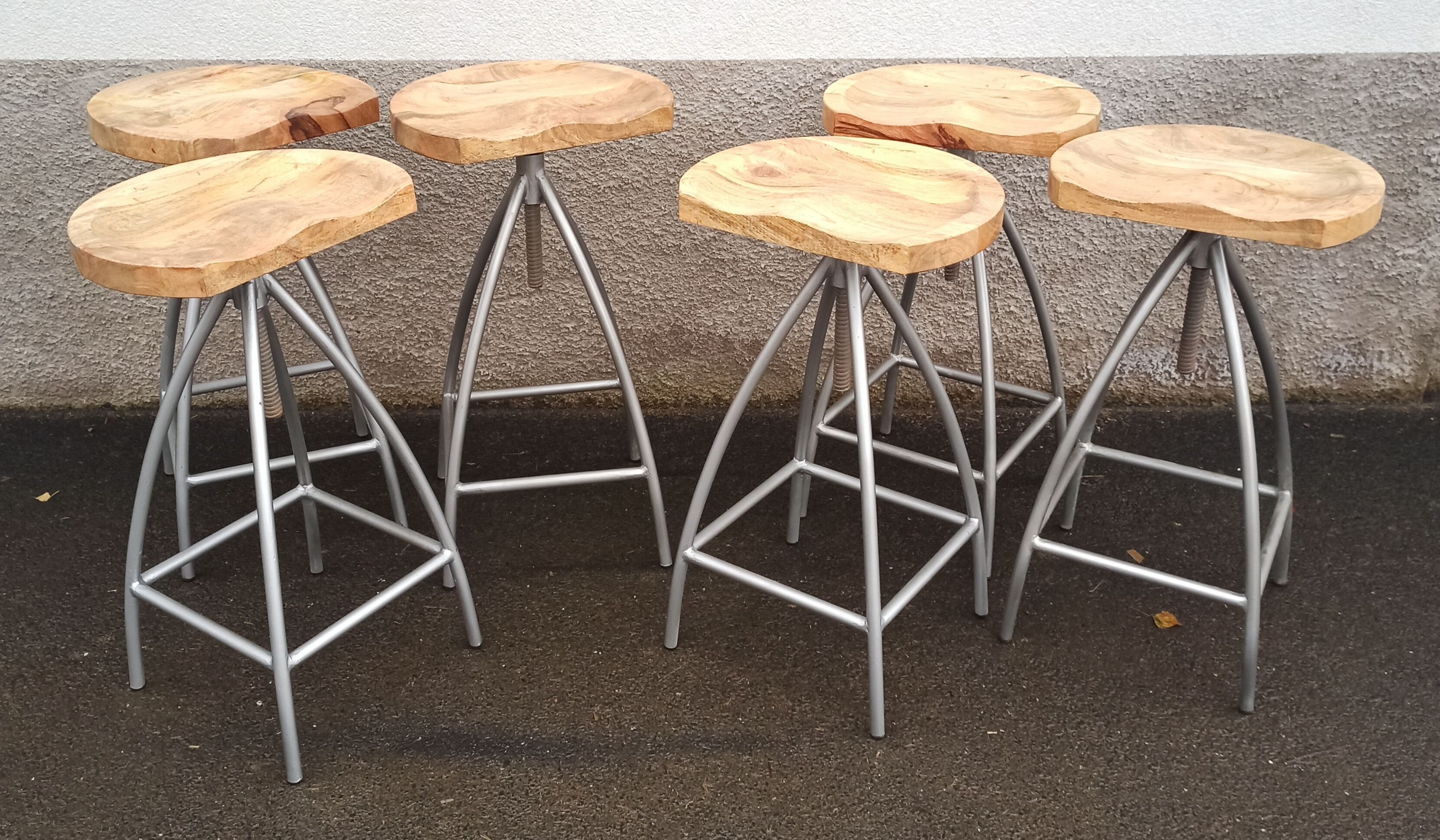 Set of 6 wooden stools with adjustable metal legs