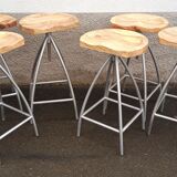 Set of 6 wooden stools with adjustable metal legs