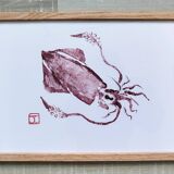 Framed art print, "Gyotaku of a small squid"