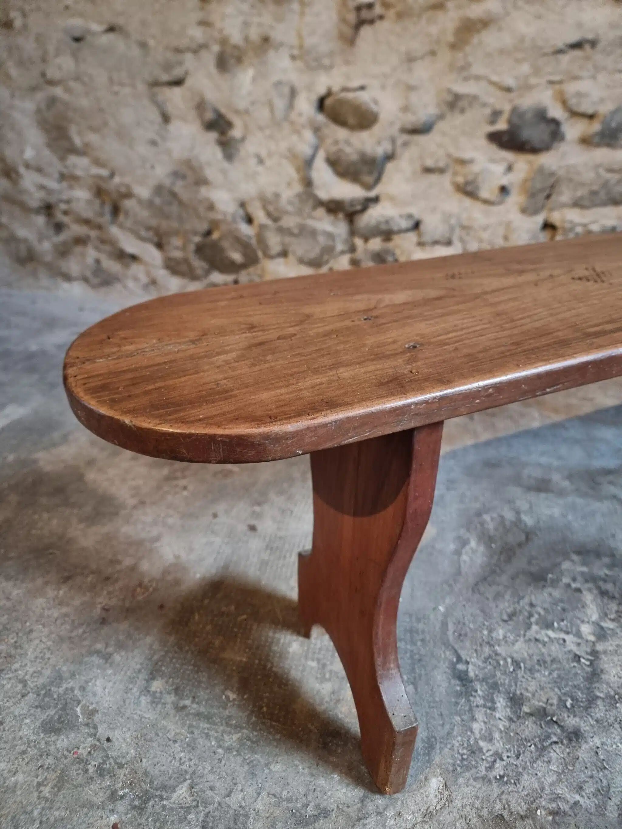 French cherry wood bench, 1930s, narrow wooden bench.