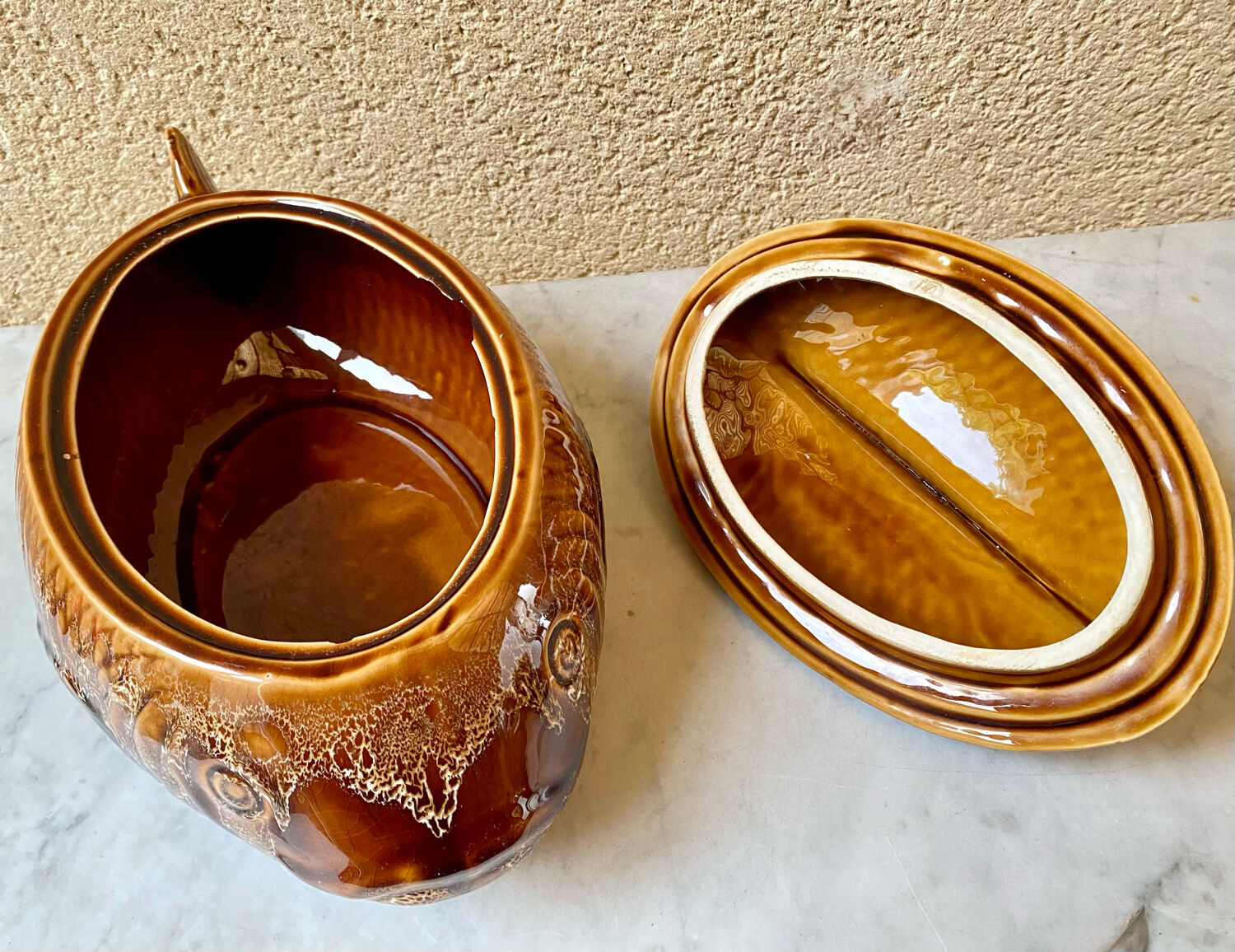 Fish service 8 plates and ceramic soup slurry Sarreguemines vintage 60